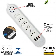 Extensão Elétrica 2mts 5 Tomadas + 3 USB XC-FL-05 X-Cell